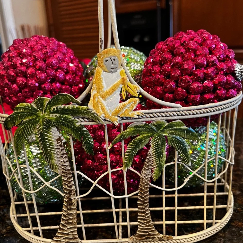Large Tropical Palm Tree Wire Basket with Monkey Accent